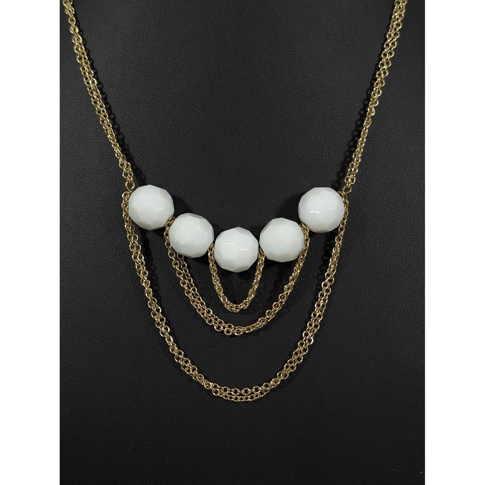 White Faceted Bead Gold Tone‎ Multi Chain Drape Necklace Statement 18in